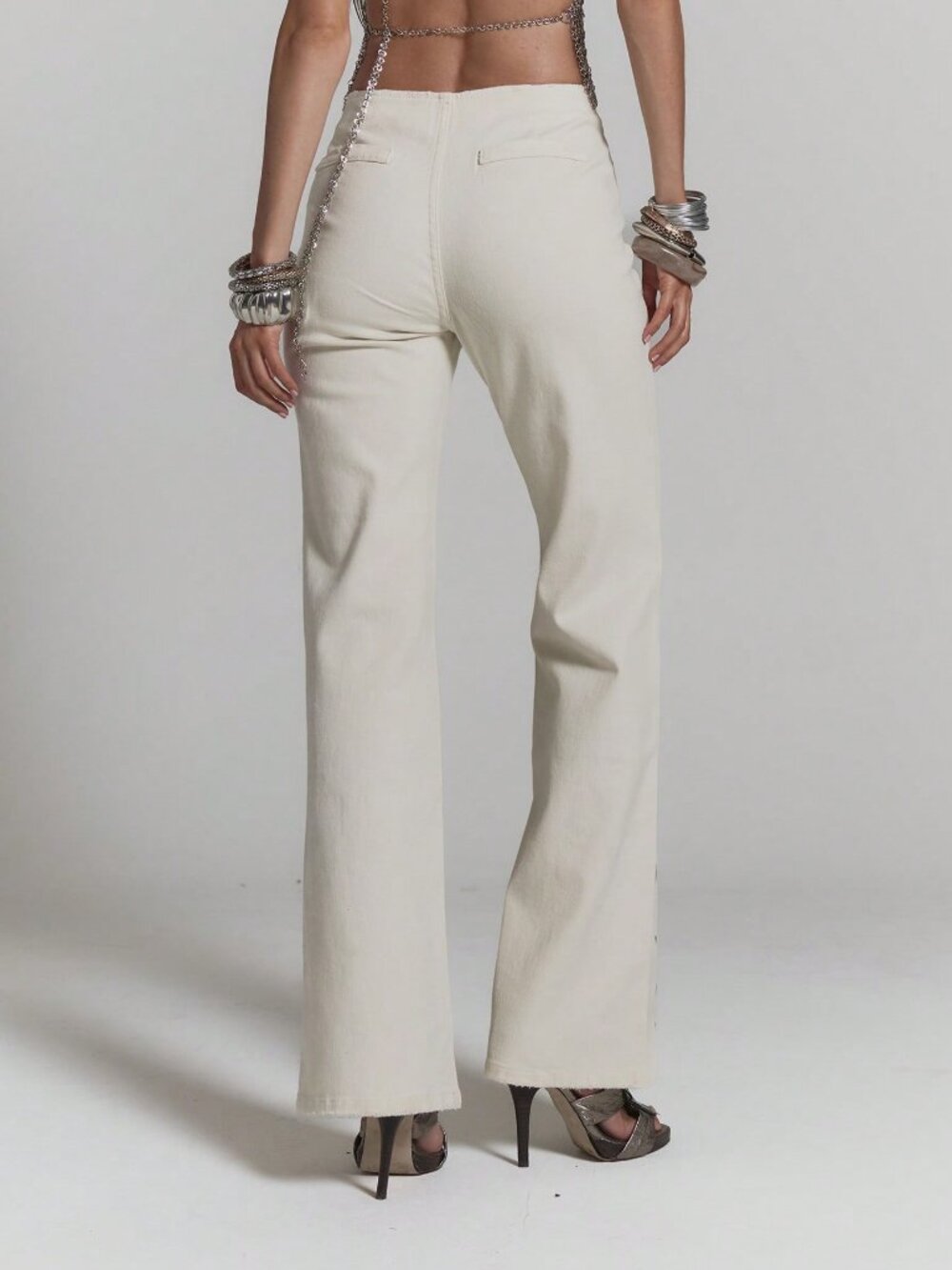 White Sexy Women's Denim Studded Flared Fitted Low Rise Jeans - Picture 4 of 5